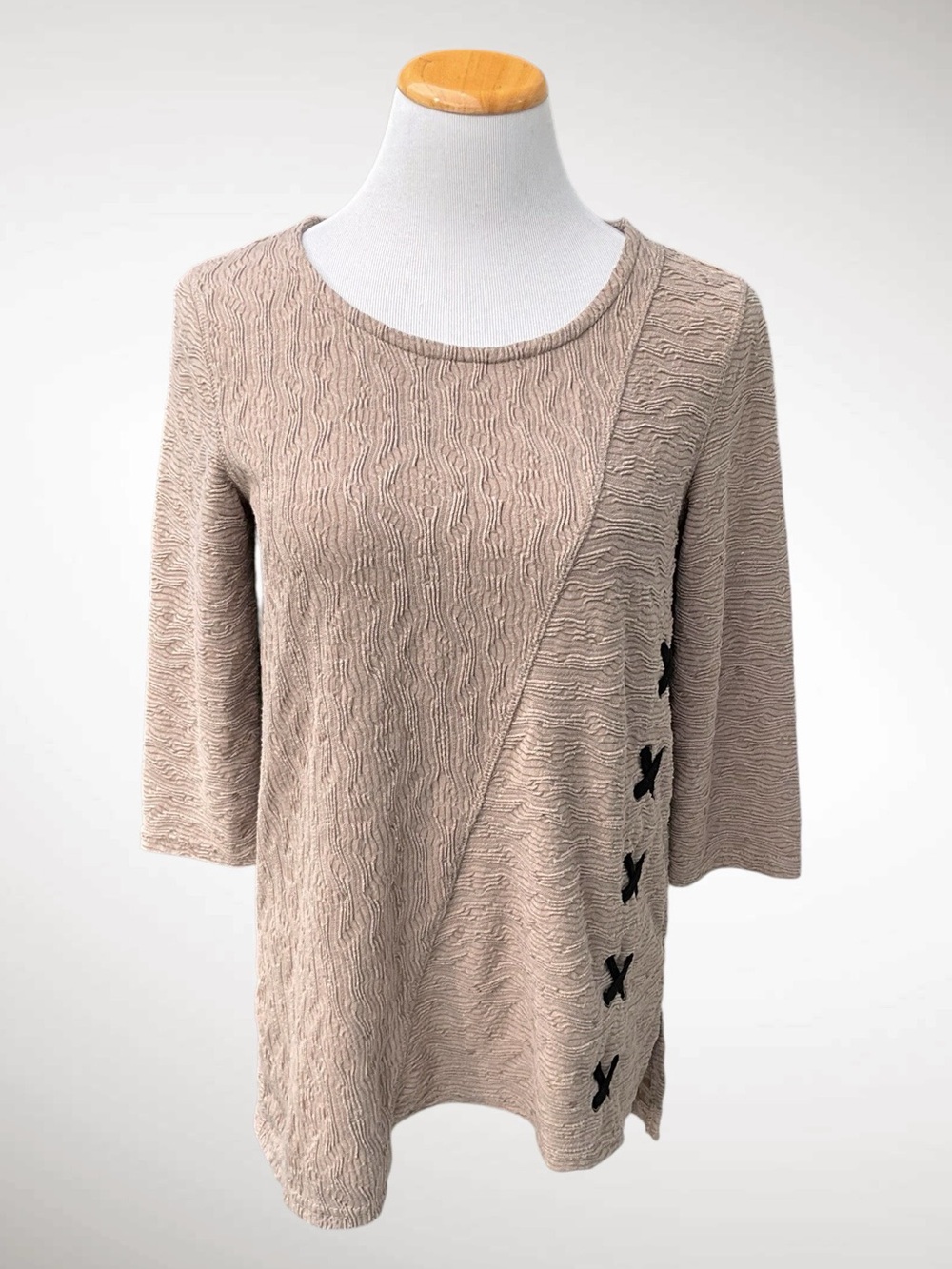 Onque Casuals Textured Knit Faux Wrap Tunic Top 3/4-Sleeves